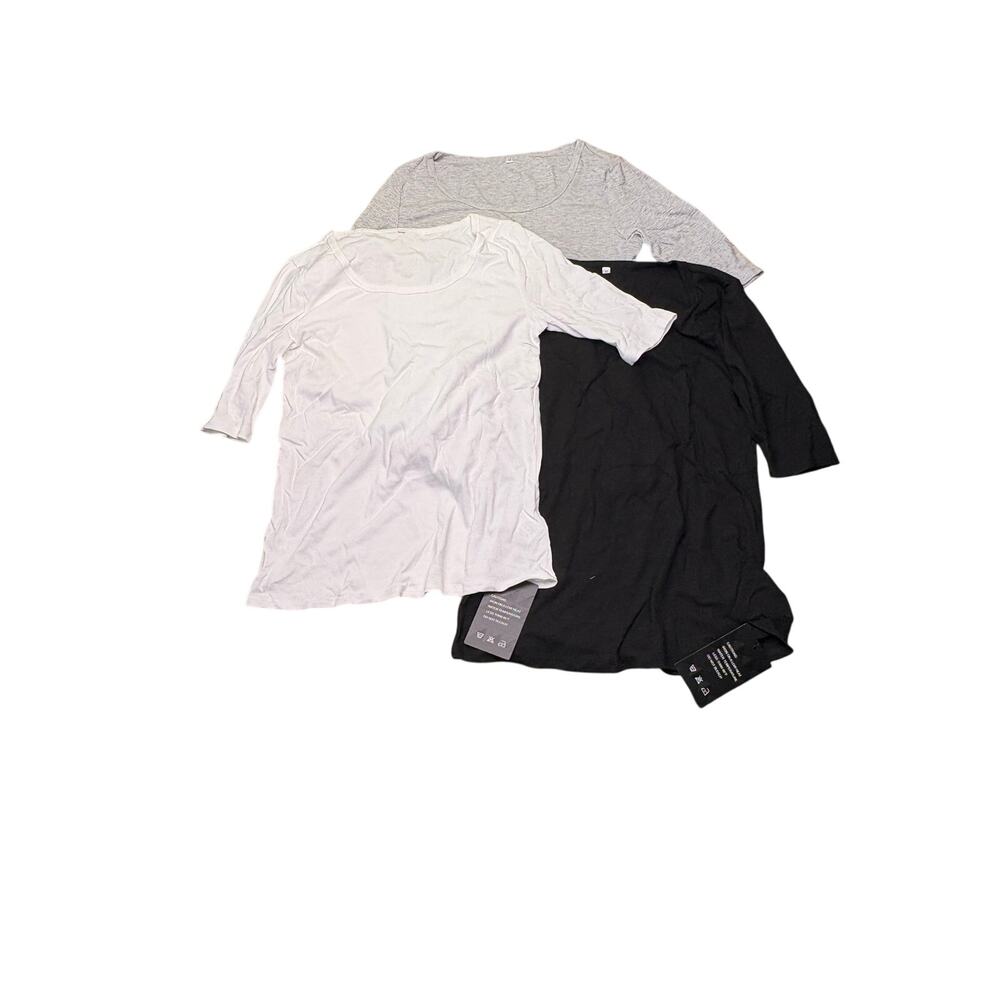 Women’s 3 Pack Ribbed 3/4 Sleeve Shirts Size M Black White Gray Scoop Neck NWT
